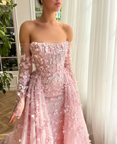Elegant Long 3D Flowers Pink Off-the-shoulder Long Sleeves Prom Dress with Overskirt